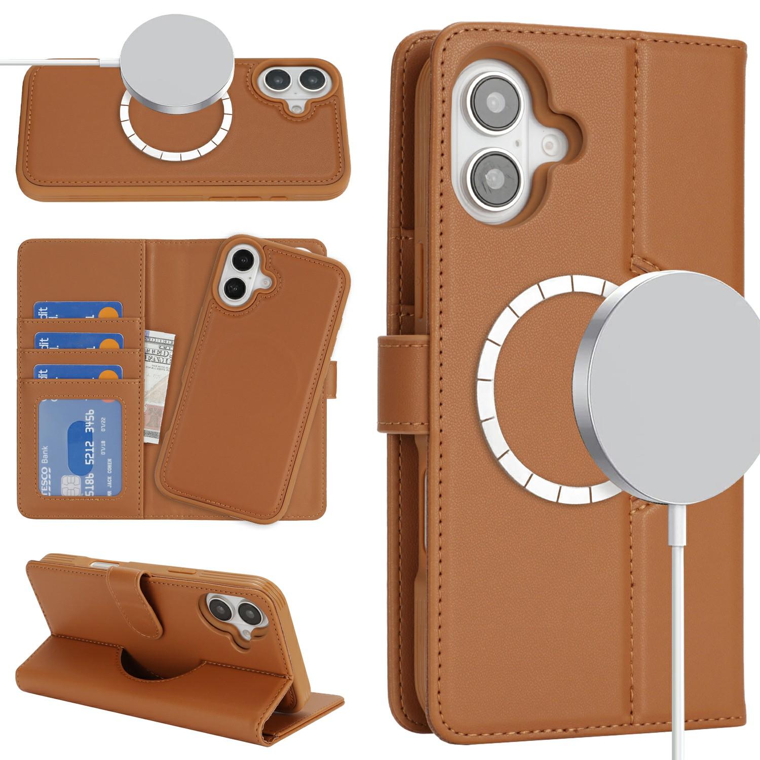 

For iPhone 16 Plus Wallet Case Compatible with MagSafe Anti-Drop Detachable PU Leather Phone Cover Brown