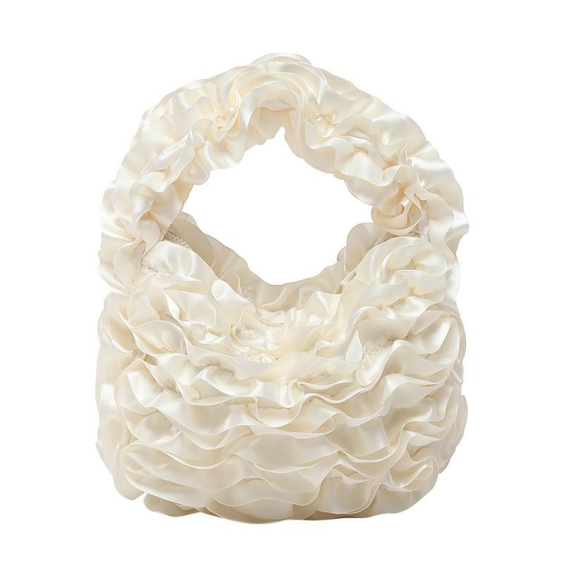 Sweet Feminine Mini Pleated Lace Mesh Handbag With Ruffle Trim - Soft Wristlet Clutch Evening Party Daily Use