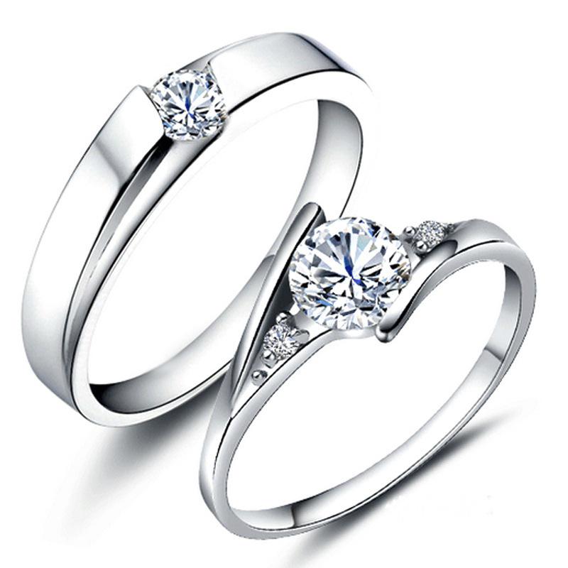 European & American Silver-Plated Zircon Wedding Rings - Korean Style Open Couple Rings for Women