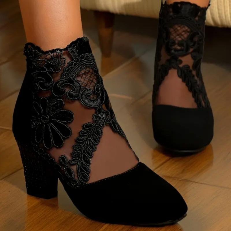 Retro Lace Mesh High-heeled Women's Boots Autumn New Large-size Short Boots Fashion Boots