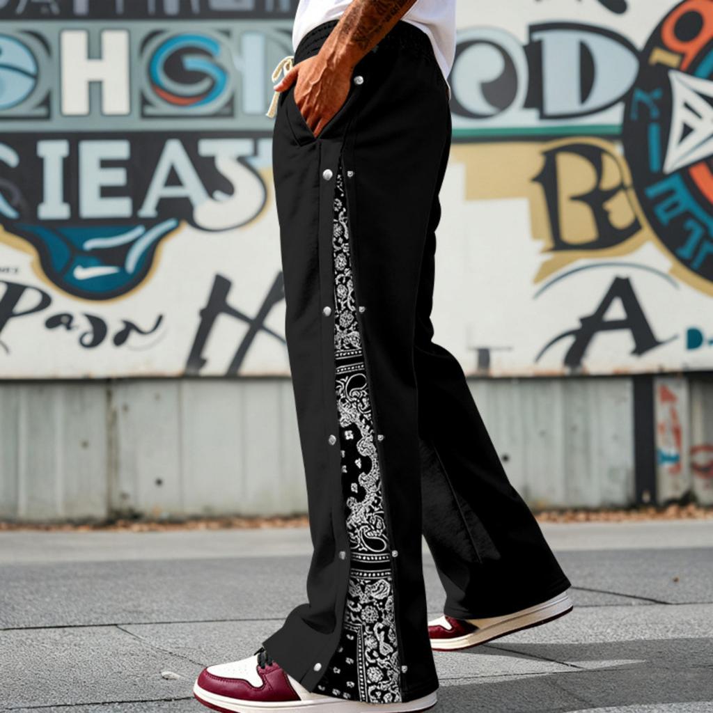 Men's High Street Trendy Pants Casual Solid Color Wide Leg Trousers Basic Straight Outfits With Side Button