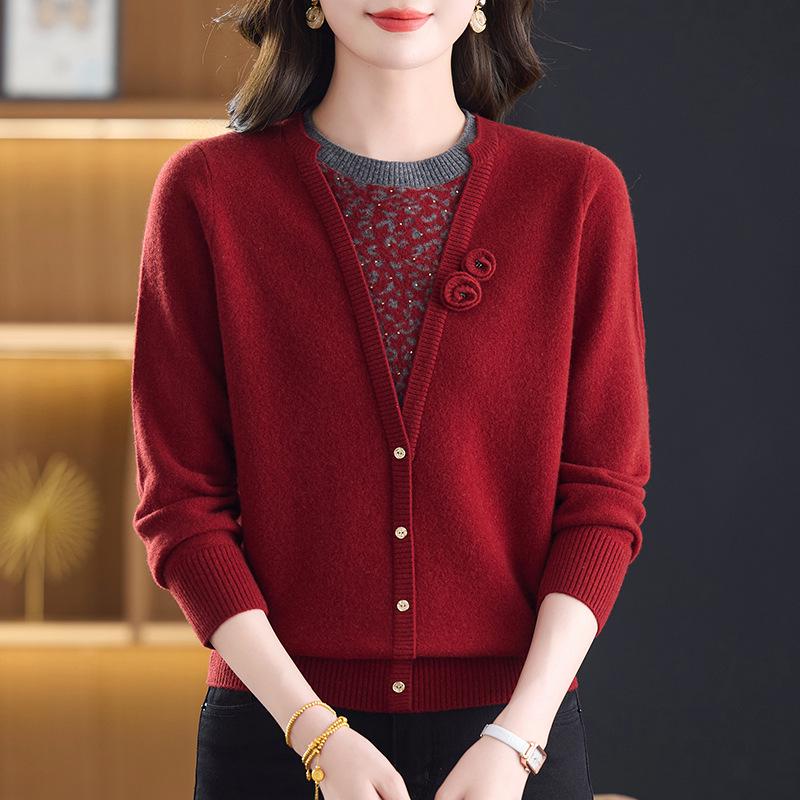 Autumn & Winter Women's 100% Pure Wool Sweater - Stylish Embroidered Half-High Neck for Middle-aged & Elderly