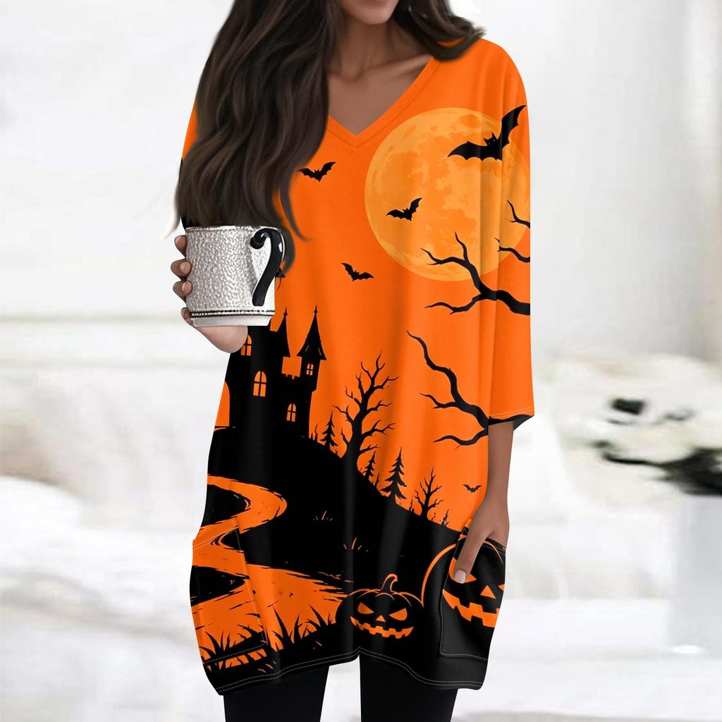 Women's Casual Halloween Print V Neck Tunic Top 3/4 Sleeve Mid Length with Pockets Lightweight Soft Fabric Relaxed Fit