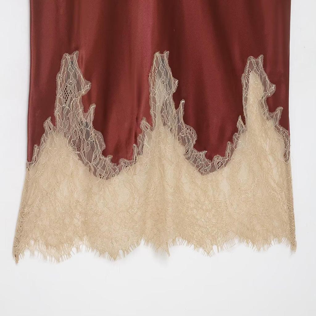 Z European Style 2025 Color Block Lace Silk Satin Skirt