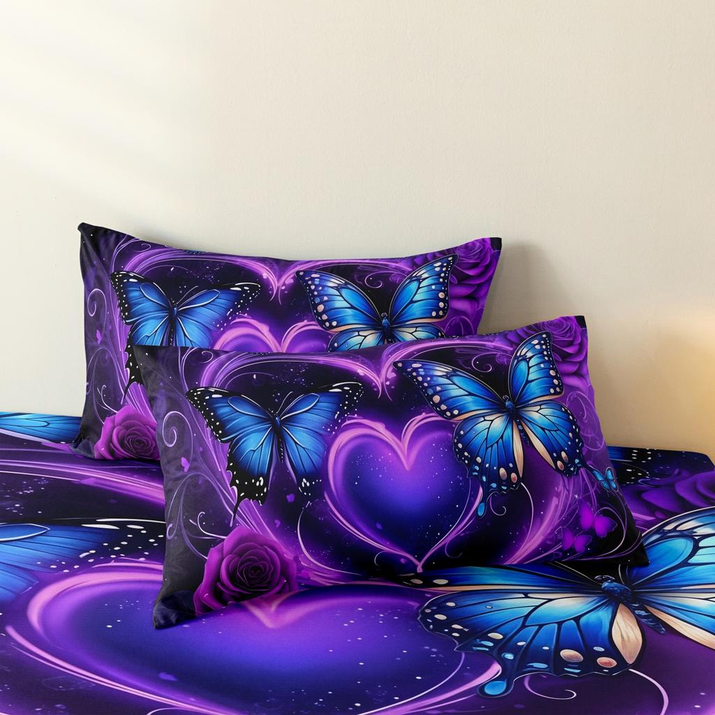 3Pcs Purple Blue Butterfly Heart Duvet Cover Set, Romantic Rose & Butterfly Bedding, For Family Bedrooms Dormitories Hotels