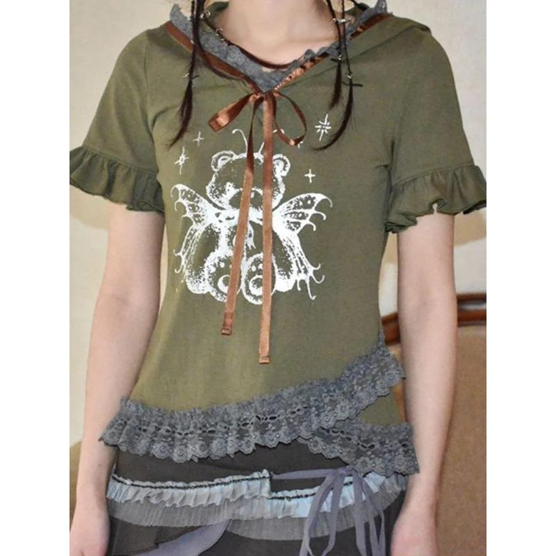 

Японская футболка с капюшоном в стиле панк Y2k, женская модная футболка с милым принтом медведя в стиле Харадзюку, кружевной лоскутный укороченный топ Camisetas M зелёный