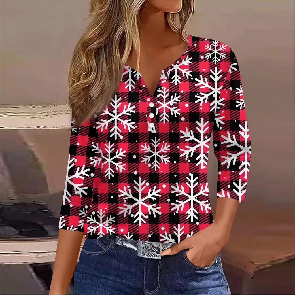 Women's Casual Fashion V-neck Loose Versatile Christmas Print Three-quarter Sleeve Top