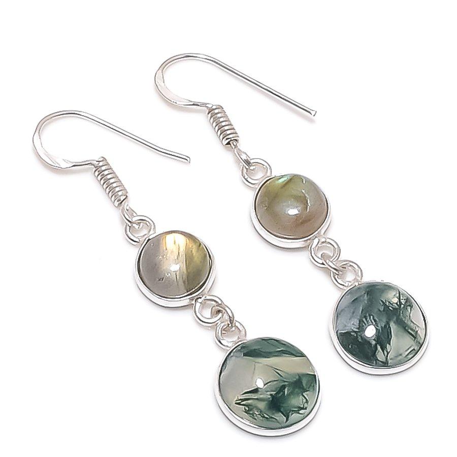 Natural Indian Moss Agate 925 Sterling Silver Jewelry Earring 1.85" D4z42