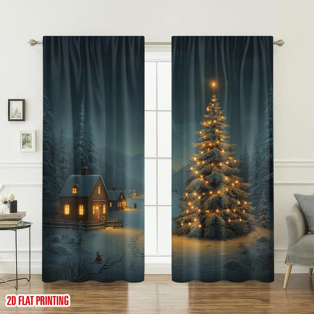 Set Of 2 Flat Printing Merry Christmas Trendy Curtains Cozy Winter Village Tree Digital Printed Polyester Drapes Spring Made
