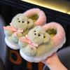 Children's Cotton Slippers Women's Winter Velvet Thickened Warm Soft Sole Non-slip Cartoon Bear Fluffy Shoes Parent-child