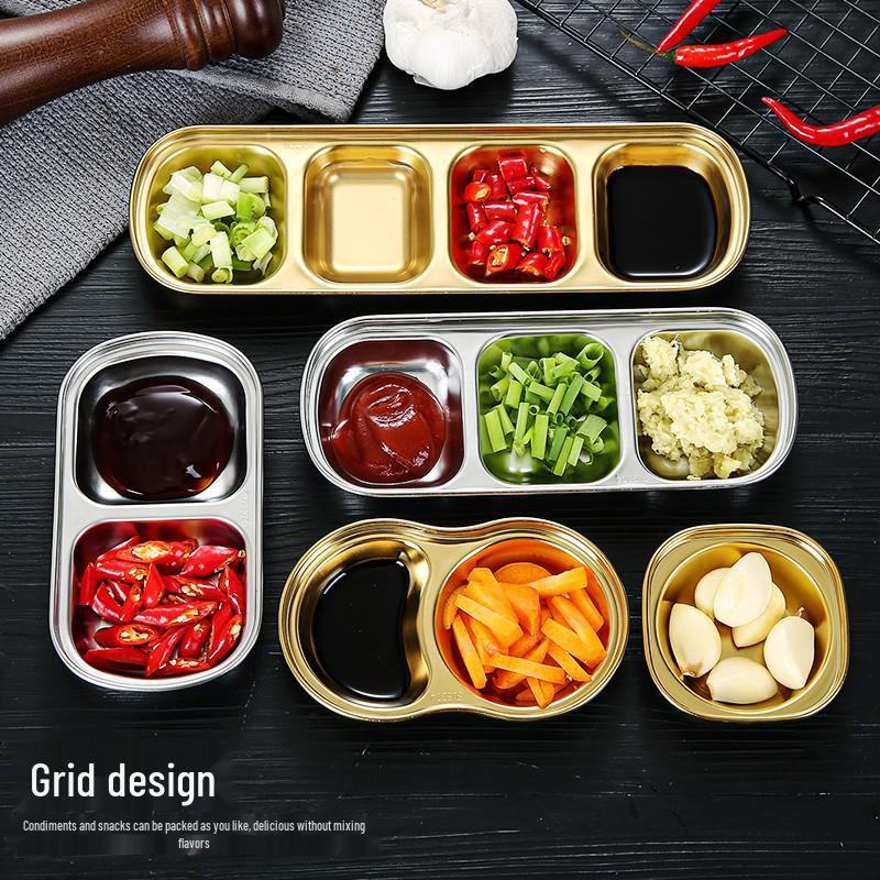 Golden Korean-Style Dual & Triple Compartment Stainless Steel Dipping Sauce Dish