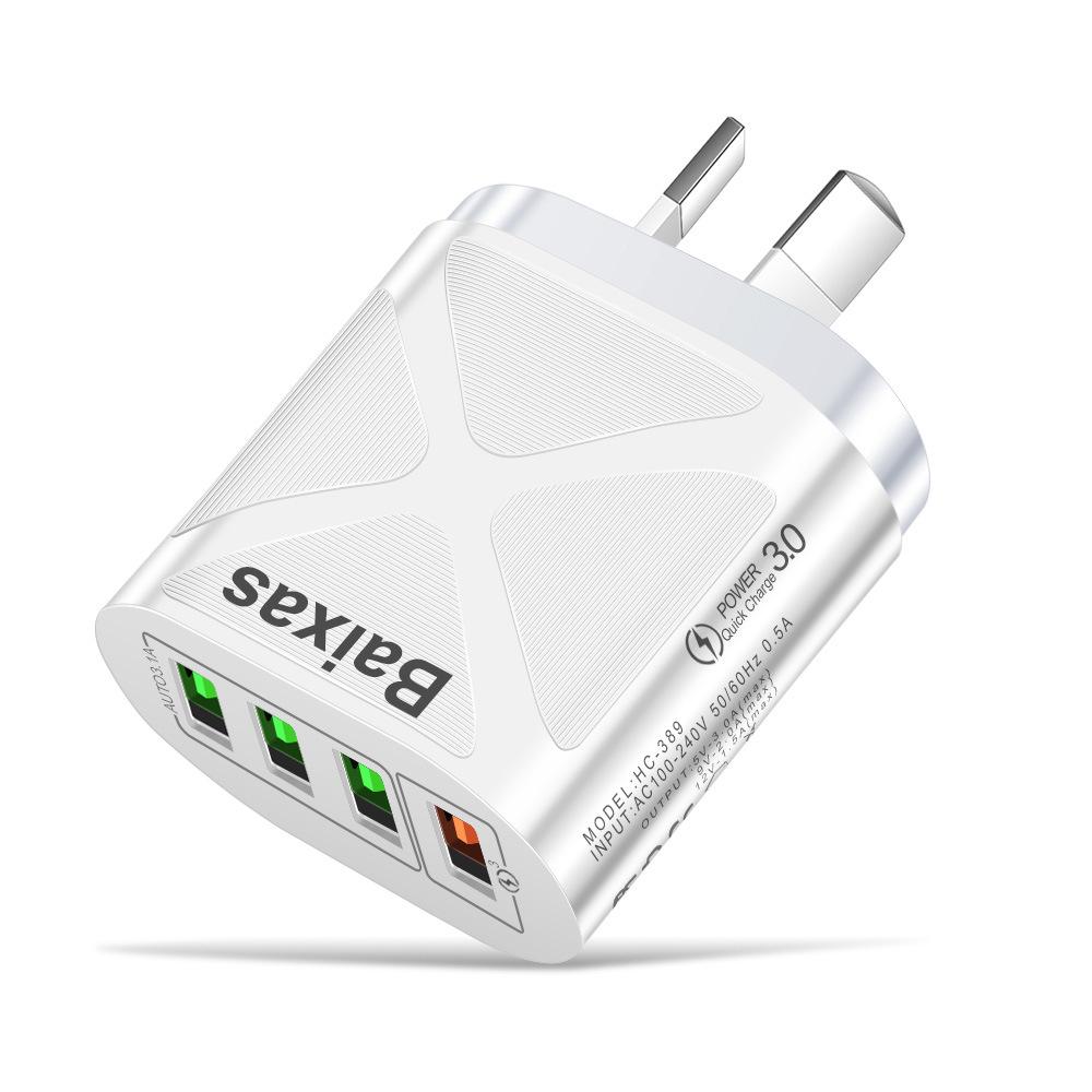 Multi-Port USB Fast Charger QC3.0, 4 Ports, 5V/9V/12V, Compatible with EU/US/UK/AU Standards