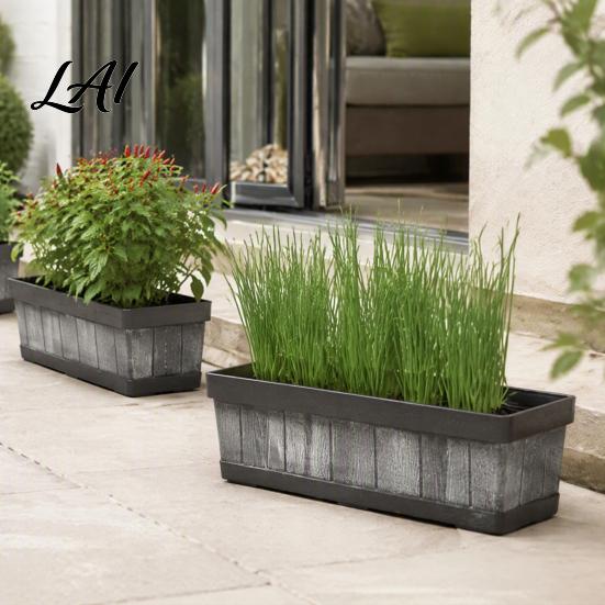 Large Capacity Gardening Pots for Flowers 18 Inch Rectangular Planter Box Imitation Wood Grain Window Box Planter Plastic Vegetables Portable Flower