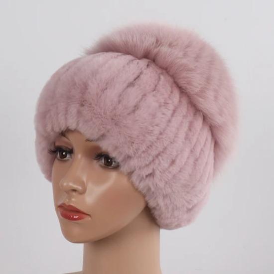 Women Winter Real Fur Hat Scarf 2 Pieces Knitted Rex Rabbit Fur Hat Top Natural Fox Fur Cap Scarves Sets Lady Warm Real Fur Caps