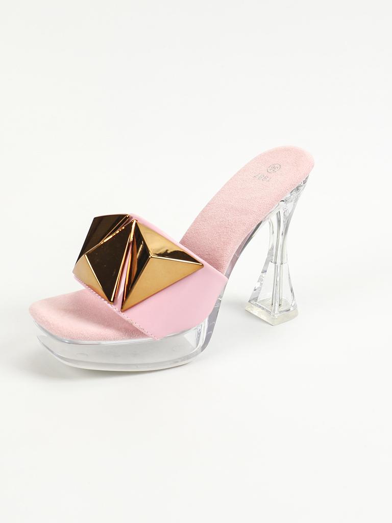 Fashion New 12CM Sexy Car Model Fashion Transparent Slippers, Nightclub Thick-heeled Crystal Square Toe Anti-slip Metal Buckle Sandals