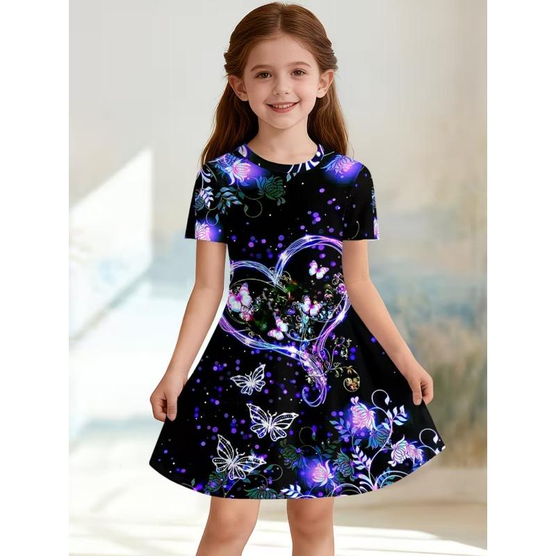 Dress for Girls Sequin Butterfly 3D Printed Short Sleeve Dress Summer Loose Girls' Casual Dress Round Neck Hot Sale Girl Clothes