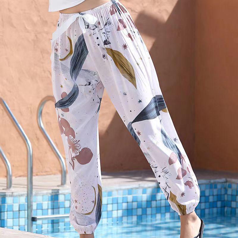 Women's Summmer Pants Drawstring Elastic Waist Beach Bloomers Pajama Pants Capri Pants