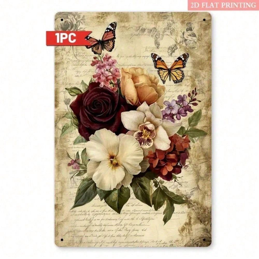 Vintage Metal Poster Wall Art Roses Butterflies Gift for Kitchen Living Room