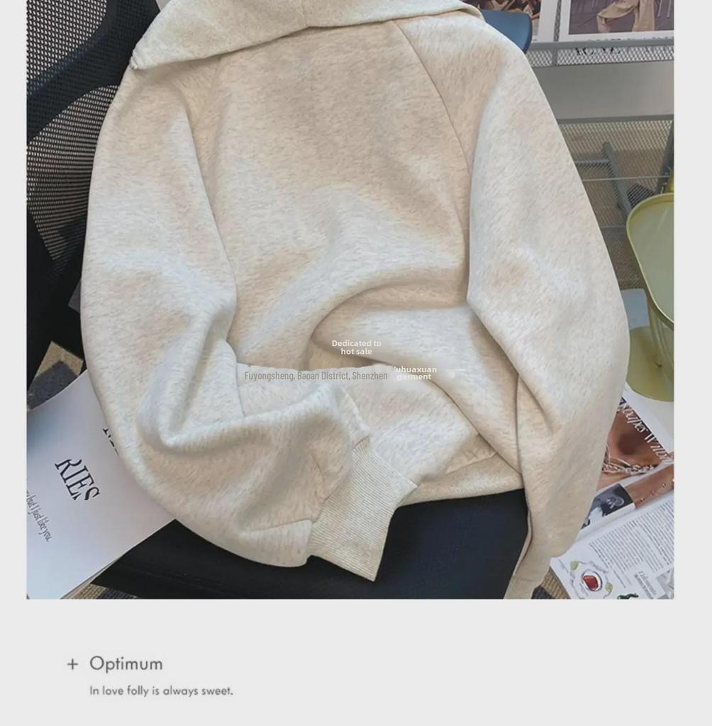 Pulover larg de toamnă retro gri pentru femei cu jumătate de fermoar