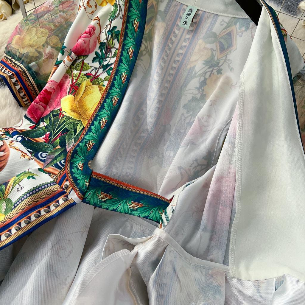 Elegant Retro Print Flower Long Dresses Women Summer Autumn Holiday Palace Style National Trench Belt V Neck Party Dress
