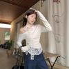Chic lace splicing slanted shoulder long-sleeved T-shirt women's spring Korean slim-fit design Spice girl white streamer top