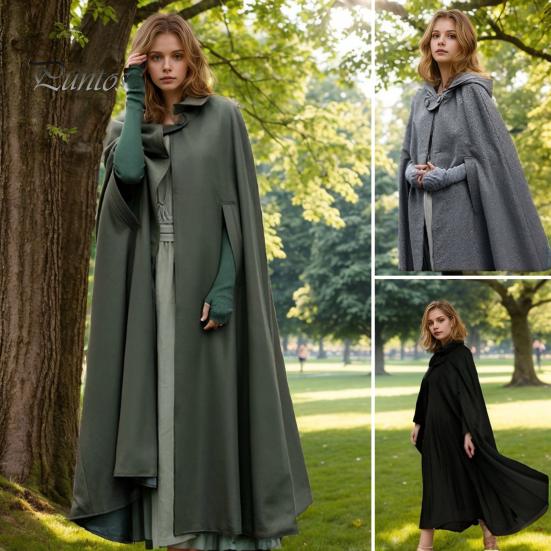 Winter Women Jacket with Hood Medieval Retro Cape Gothic Keep Warm Shawl Ankle Length Loose Cloak Thick Single-Button Closure Outdoor Poncho Pirate