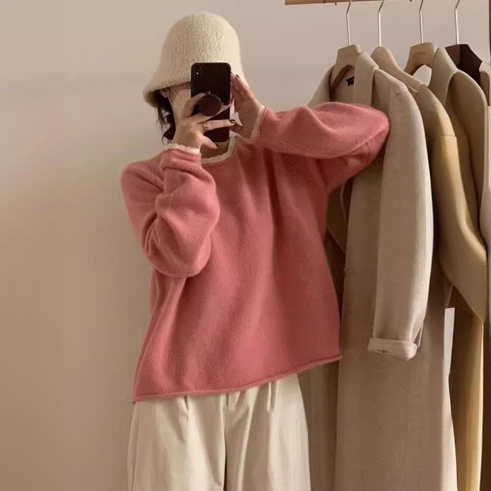 Autumn and Winter Loose Soft Lace Edge Knitted Sweater Top Round Neck Hooded Sweater for Women
