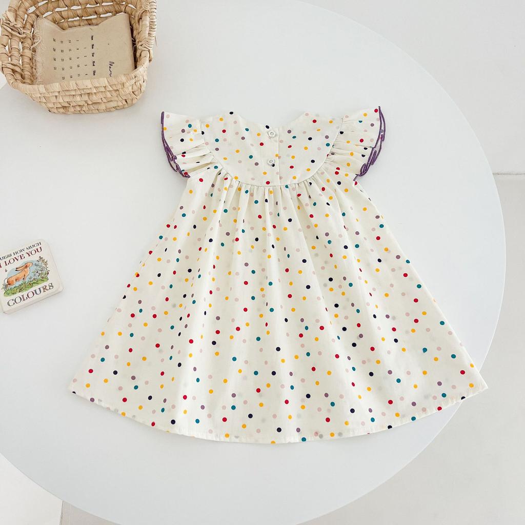 Girls Summer Dress Colorful Polka Dot Tulip Embroidery Fly Sleeve Sweet Princess Cotton Casual Party Dress For Kids