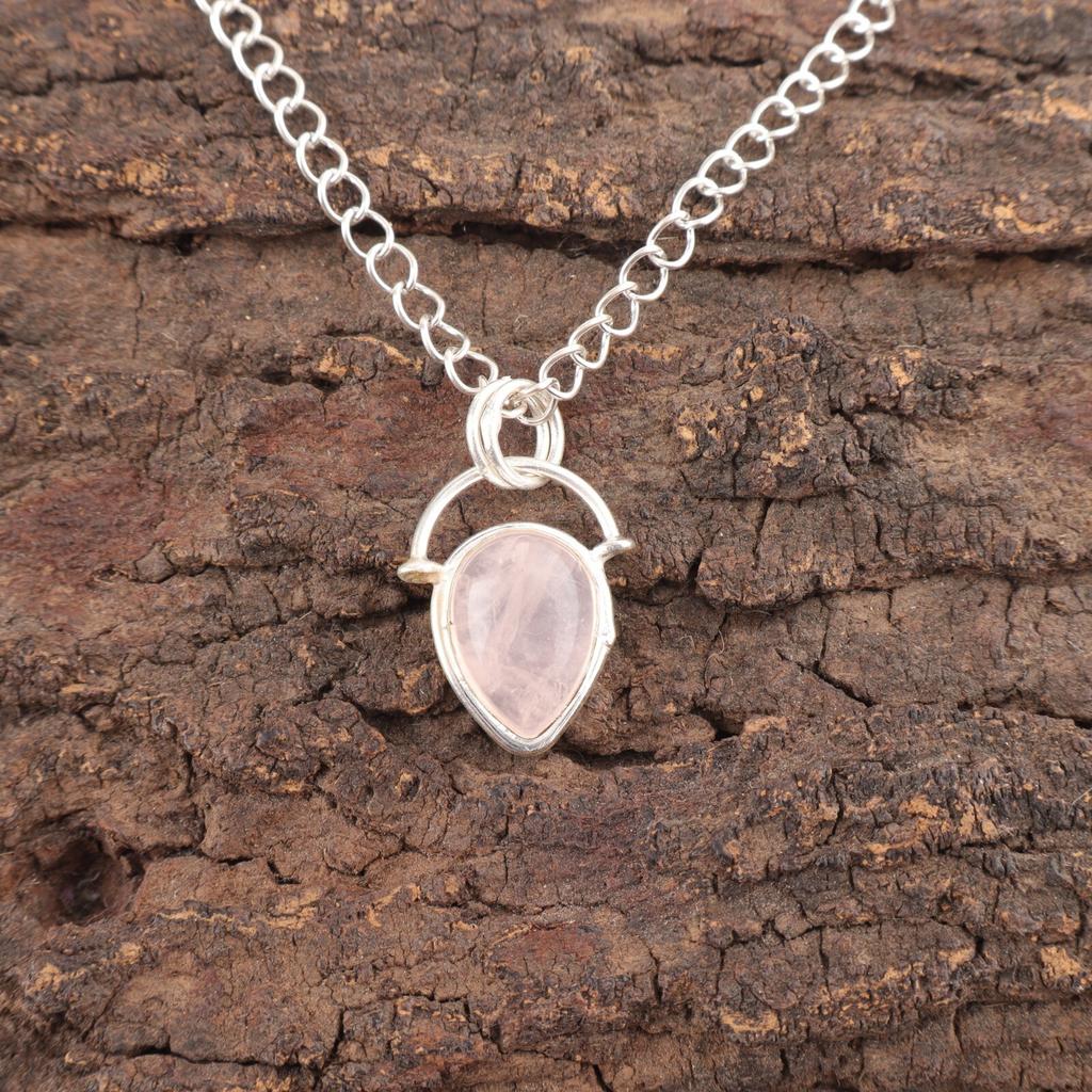 Pear Rose Quartz Gemstone Sterling Silver Boho Unique Best Sisters Gift Pendant PP-56-23