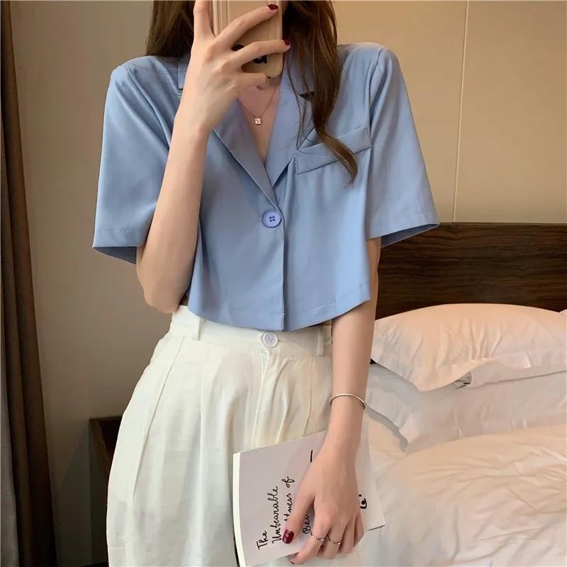

Рубашки женские шикарные элегантные однотонные офисные женские летние укороченные тонкие популярные одной пуговицы простая универсальная уличная одежда XS синий
