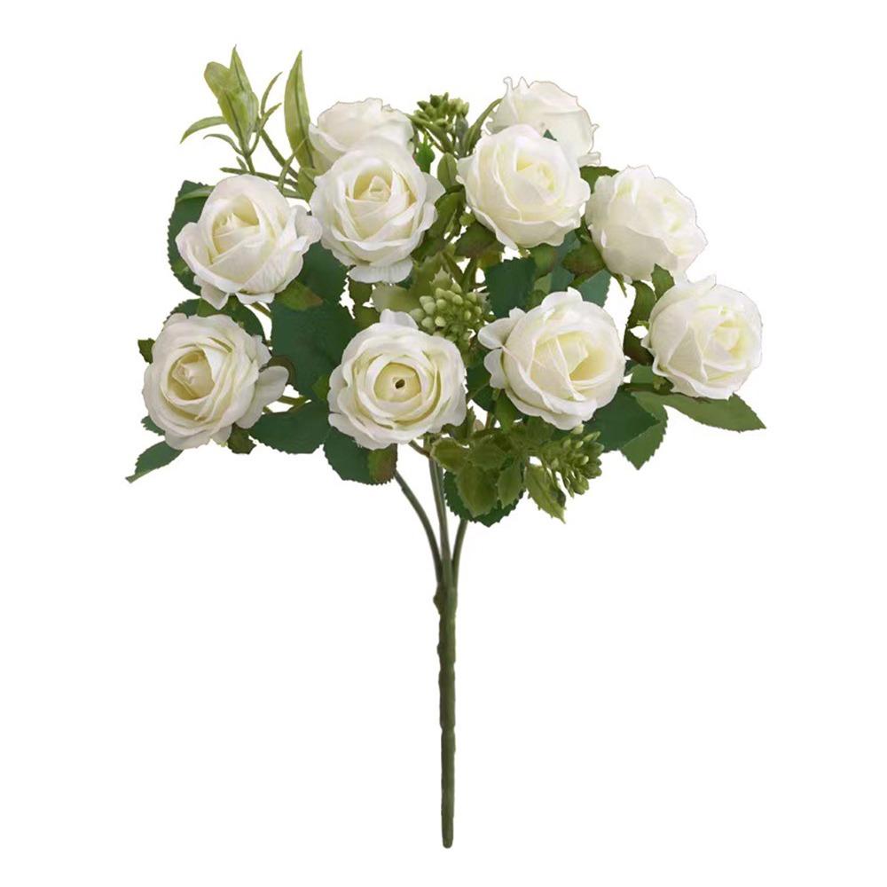 10 Голов Розы Искусственный Цветок Разноцветный Зеленые Листья Симуляция Розы Цветок DIY Фото Реквизит Цветочная Композиция Домашний Декор белый