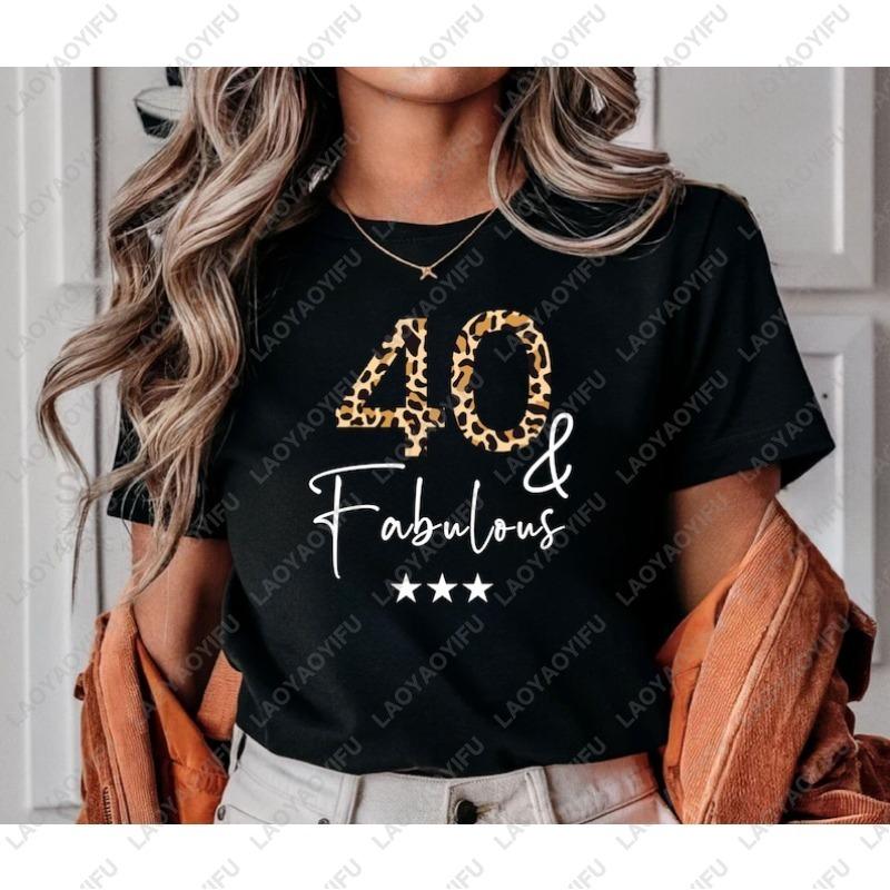 Personalised Custom Leopard Tshirt for Woman 40th Birthday Fabulous Bithday Age Perfect Gift Lovely Fashion Cotton Summer Tops