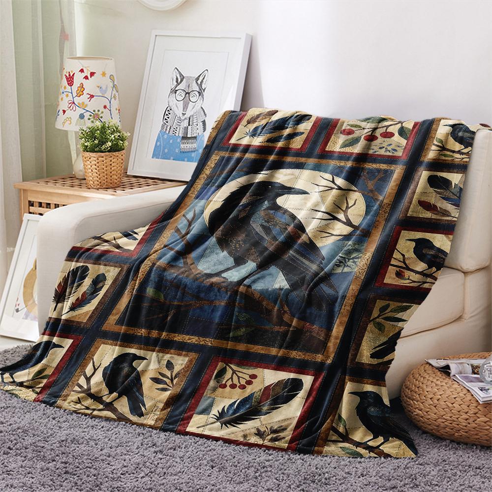 Crow Print Flannel Blanket, High quality Comfortable for All Seasons, Home Decor, Warmth and Comfort, Perfect for Christmas Gifts47