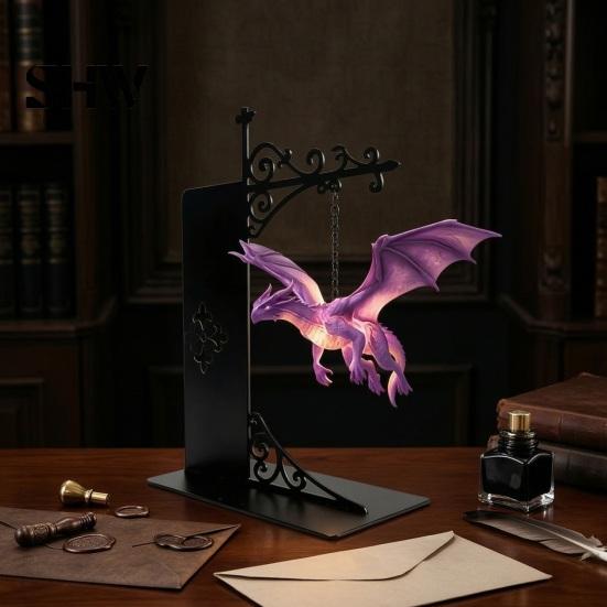 Unique Dragon Decor for Office Flying Bookshelf Light, Decorative Bookend Light & Desk, Iron Book Ends Sculpture Support, Heavy Duty Organizer