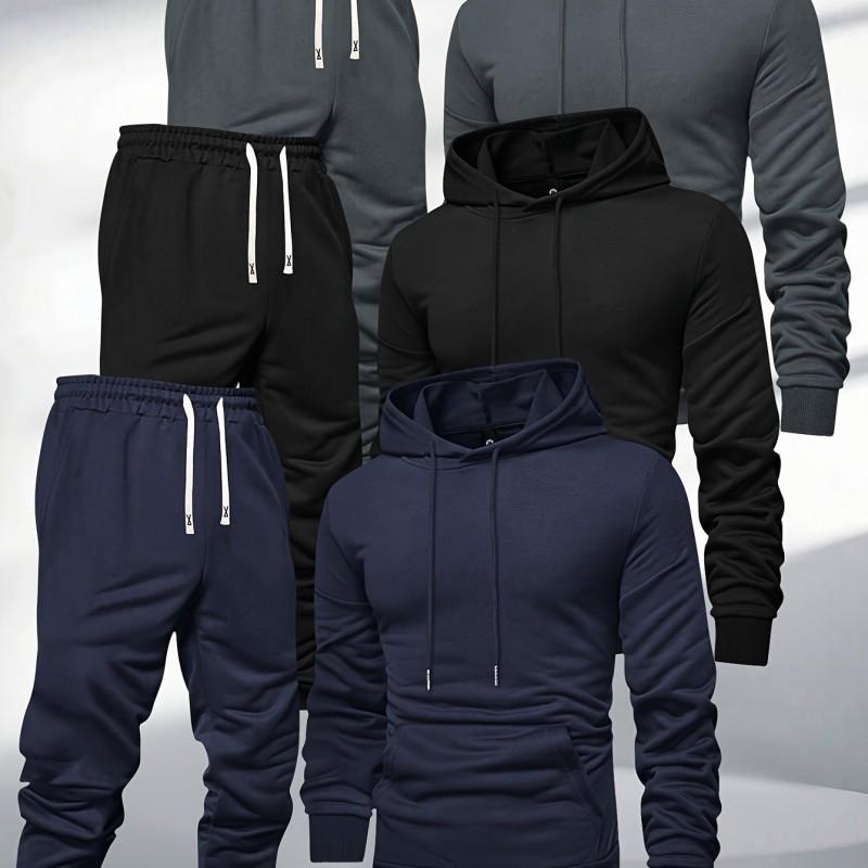 Mens Hooded Sweatshirt Tracksuit 3 Piece Set Casual Sporty Slim Fit Solid Color