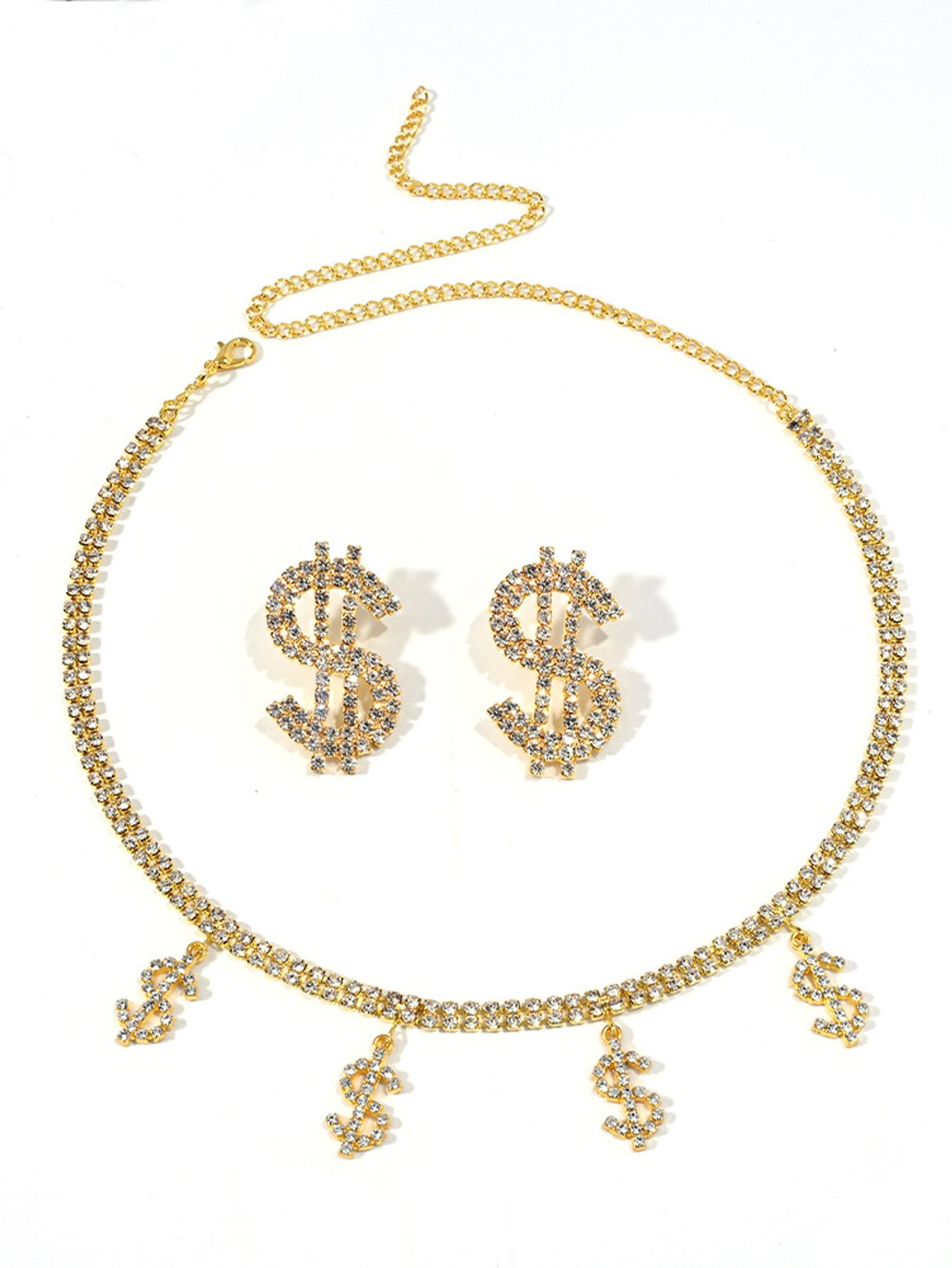 

StoneFans Stylish And Gorgeous Rhinestone Jewelry Set Classic Dollar Pendant Necklace Earrings Set For Women Banquet Party