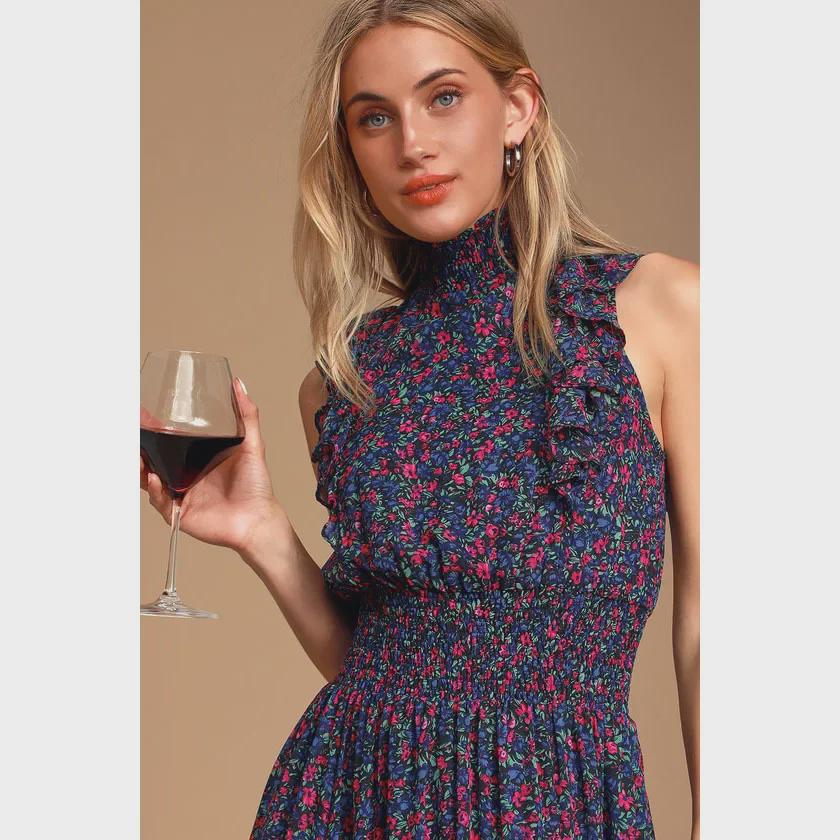 2023 Retro Floral Print Sleeveless Ruffle Dress for Women