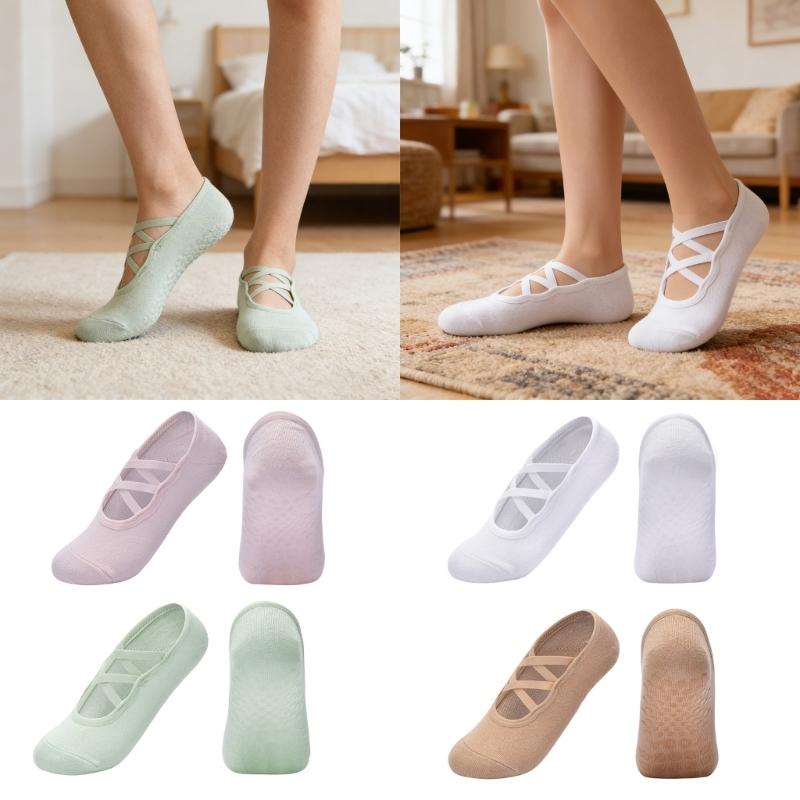 2 Pairs Women's Crisscross Strap Yoga Socks With Nonslip Grip Low Cut Cotton Socks For Pilates Barre Ballet Barefoot