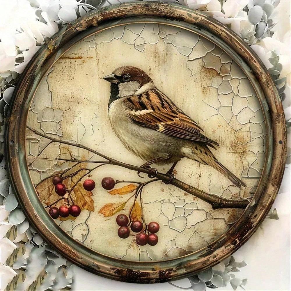 Vintage Cherry Blossom Bird Metal Round Tin Sign, Retro Aluminum Wall Art Kitchen Home Decor