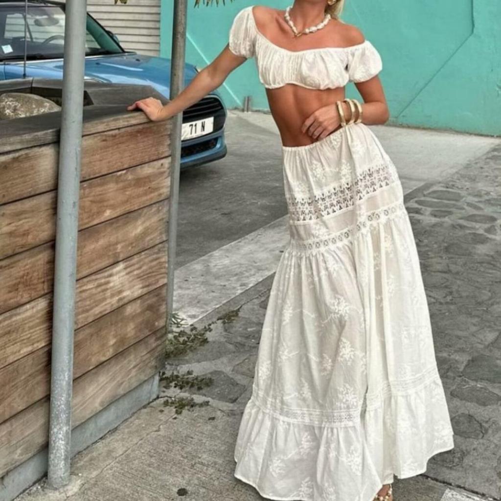 French Style One-Shoulder Lace Top & High-Waisted Patchwork Skirt Set 2024