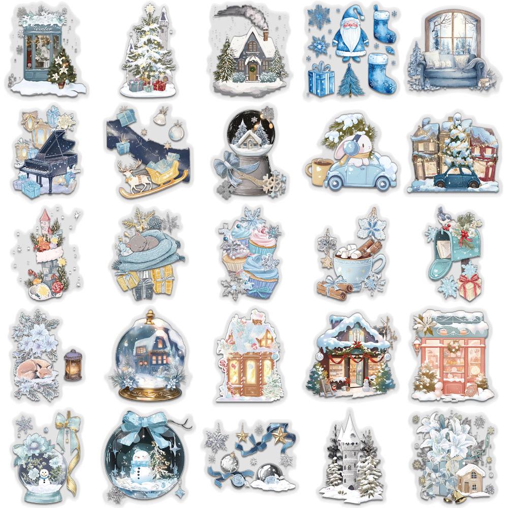 50 Sheets: Winter Watercolor Transparent PET Stickers for Bottles, Phones, and Computers