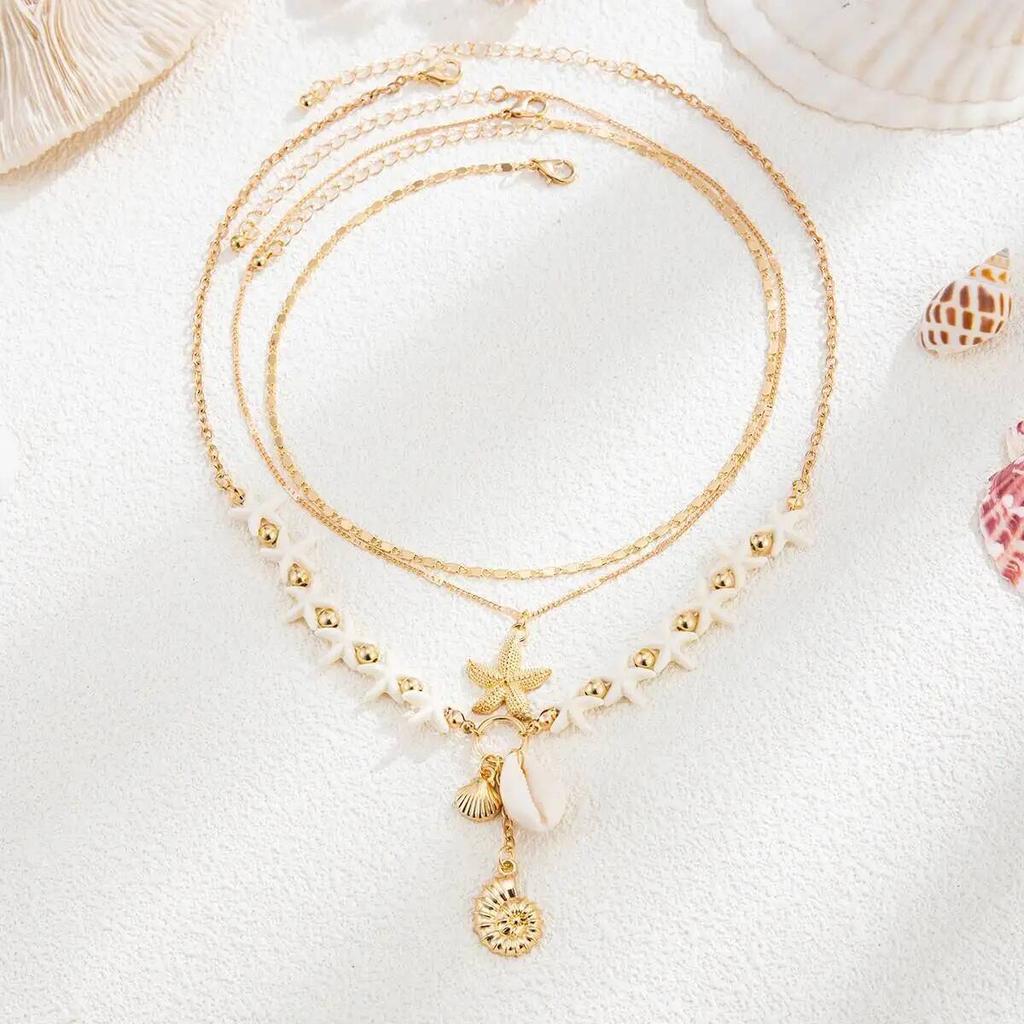 Salircon 3Pcs/Set Boho Gold Color Starfish Scallop Conch Pendant Necklace New Summer Beach Adjustable Metal Choker Charm Jewelry