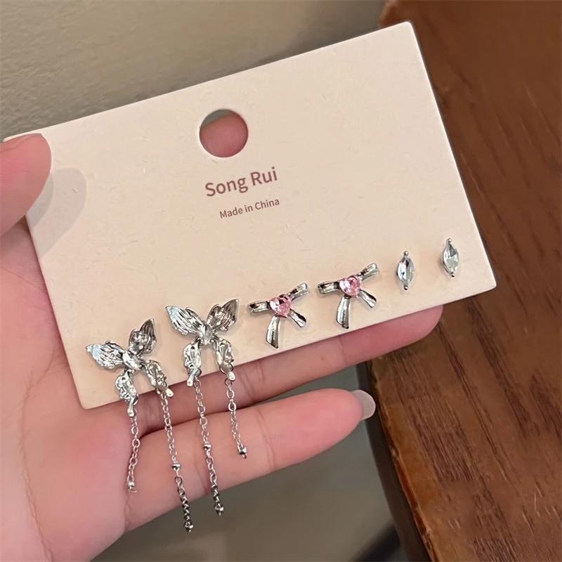 6Pcs Y2K Style Pink Crystal Starry Earrings Set for Women Exquisite Moon Tassel Chain Sweet Planet Accessories Fashion Jewelry