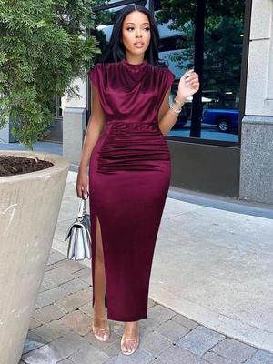Vestido de mujer plisado largo rojo vino elegante hendidura cuello alto ajustado sin mangas Maxi trajes de talla grande vestidos brillantes de fiesta de noche