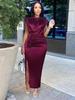 Robe longue plissée rouge vin pour femmes, élégante, fente, col haut, coupe cintrée, sans manches, tenue Maxi, grande taille, robes de soirée brillantes