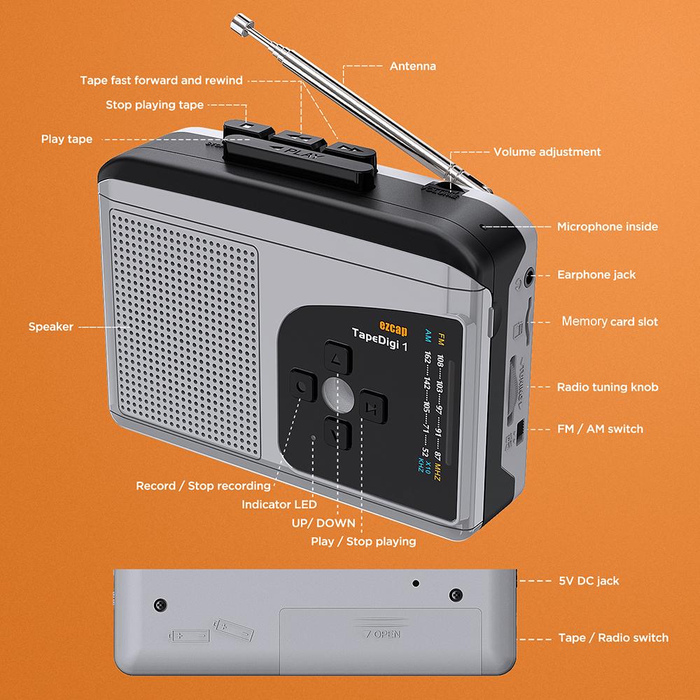 ezcap234 USB Cassette Player with USB Power Cable Tape-to-MP3 Converter Built-in Speaker Microphone
