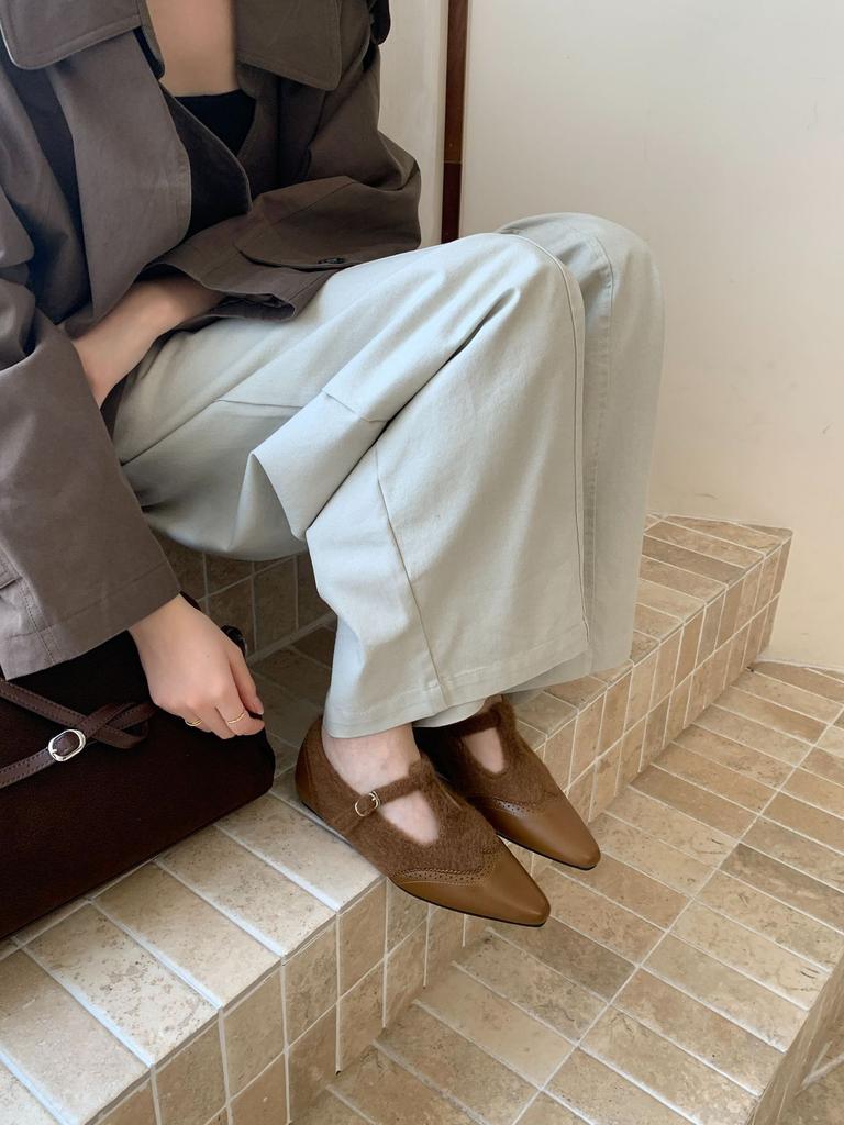 2025 Winter Atmosphere! Temperament Woolen Pointed Splicing Mary Jane Shoes Women's Autumn Velvet Inner Height-increasing Single Shoes