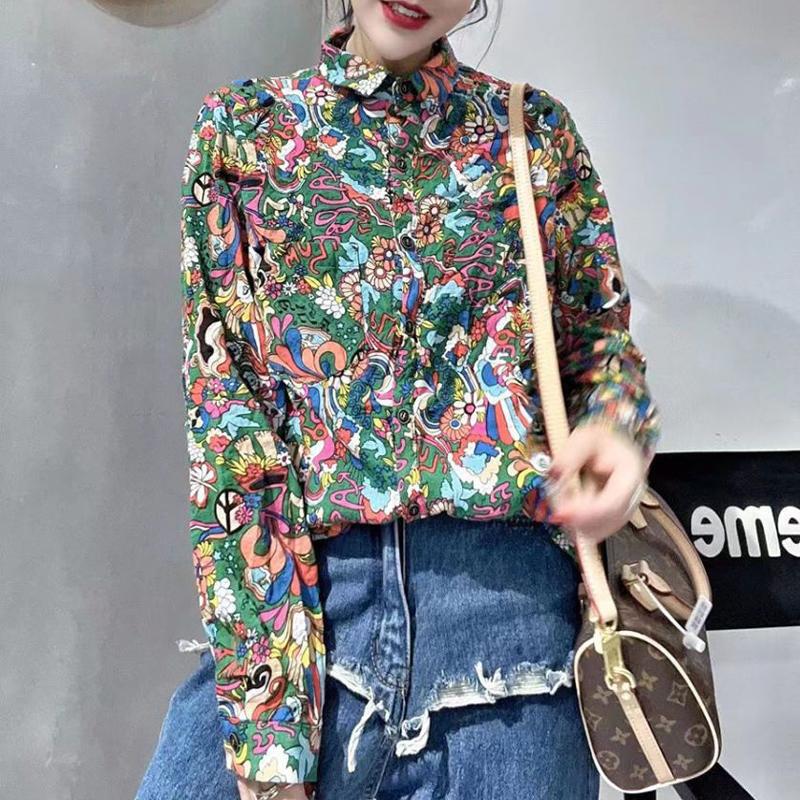 Women's Vintage Floral Printed Harajuku Shirt Fashion Lapel Long Sleeve Loose Blouse Spring Autumn Casual Chic Tops Blusas Mujer