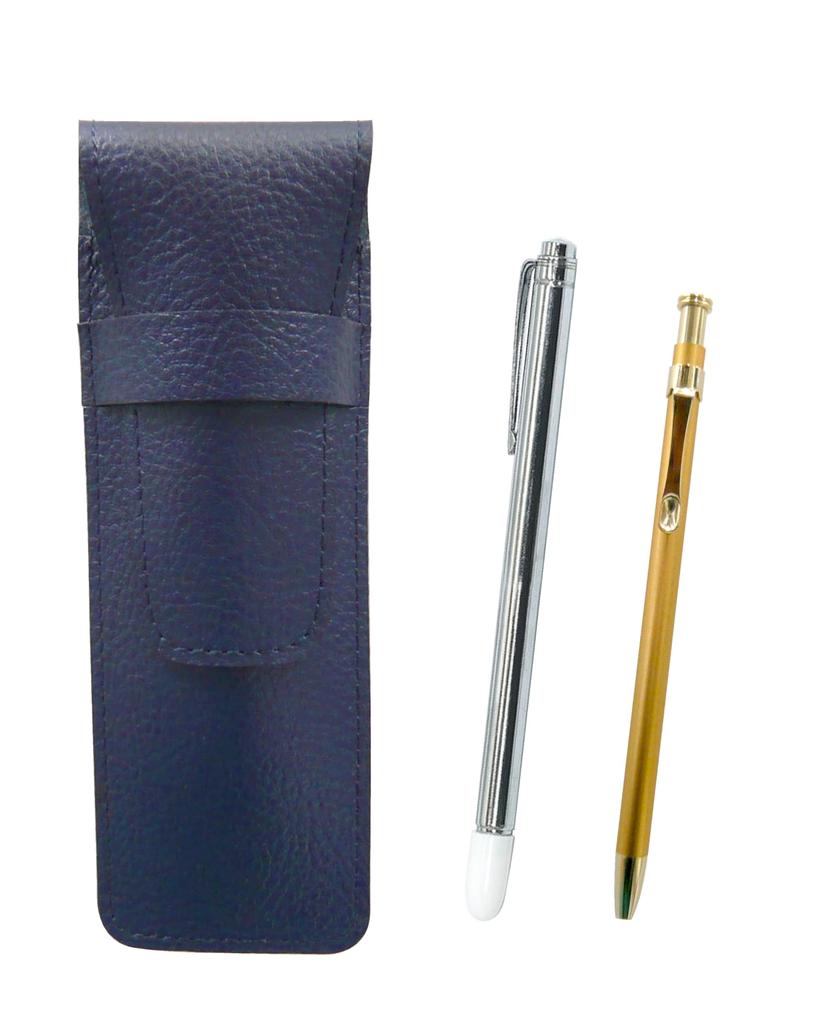 Blue grained leather pen case with a metal pointer and a slim 60 gold ballpoint pen set (SASL-701S-SV60KBP)