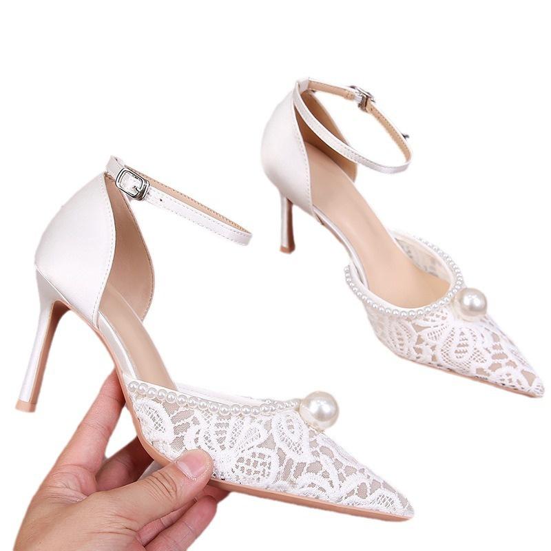White flower lace crystal open toe sandals for women, pointed wedding shoes, fashionable party casual high-heeled sandals